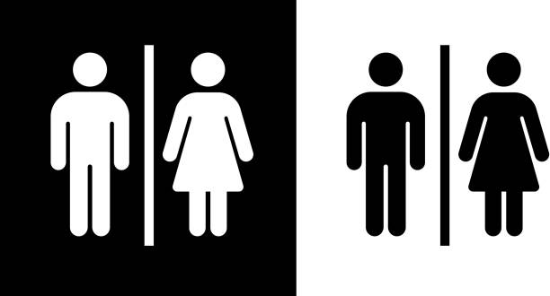 Bathroom Sign Icon Bathroom Sign Icon. The main icon is placed on a flat blue background. It takes up the center portion of the composition and is the main focus of this vector illustration. The icon is simple and the background further emphasizes the icon shape and makes it stand out. The illustration is a 100% royalty free vector.. This royalty free vector illustration features the main icon on both white and black backgrounds. The image is black and white and had the background rendered with the main icon. The illustration is simple yet very conceptual. public restroom signs stock illustrations