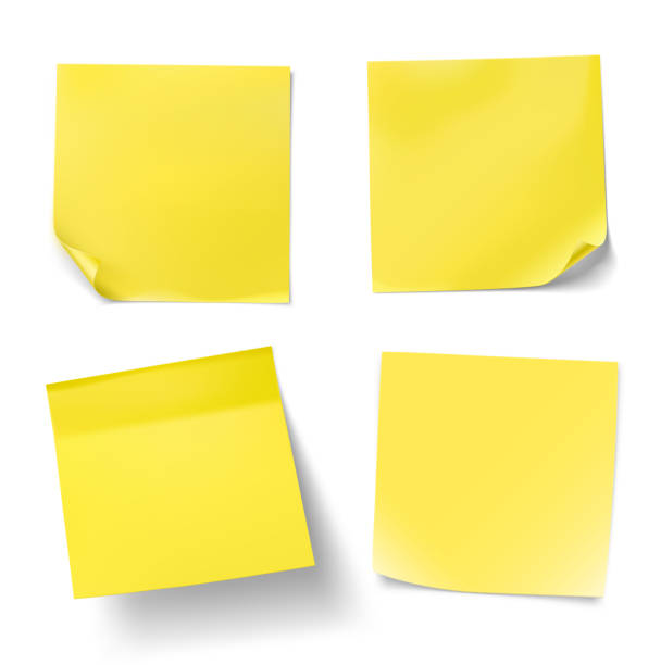 illustrazioni stock, clip art, cartoni animati e icone di tendenza di note di carta gialla su sfondo bianco. - paper document adhesive note backgrounds
