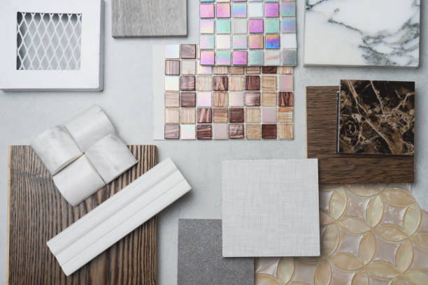 istock samples of material, wood , on concrete table.Interior design select material for idea. 996591952