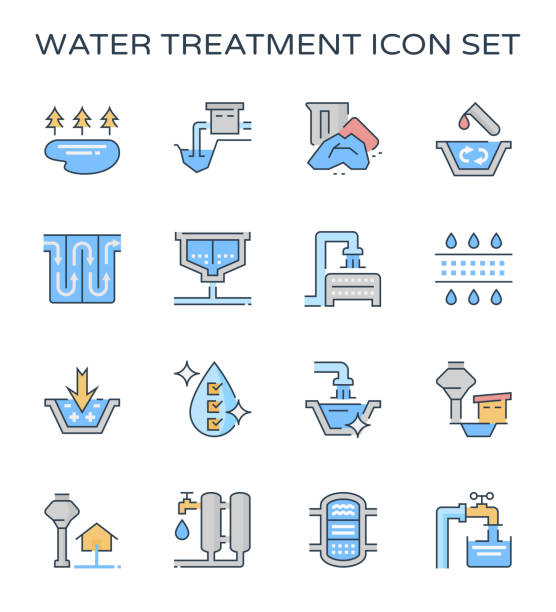 water treatment icon Water treatment system and water filter icon set, editable stroke. water filter stock illustrations