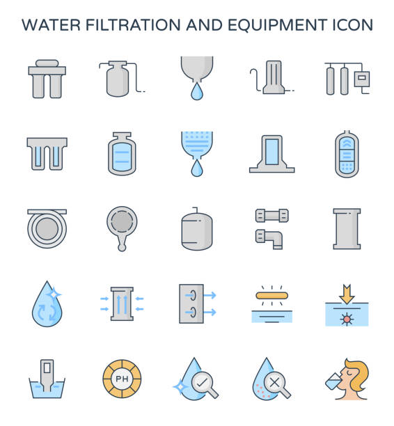 water filtration icon Water filtration and equipment icon set. water filter stock illustrations