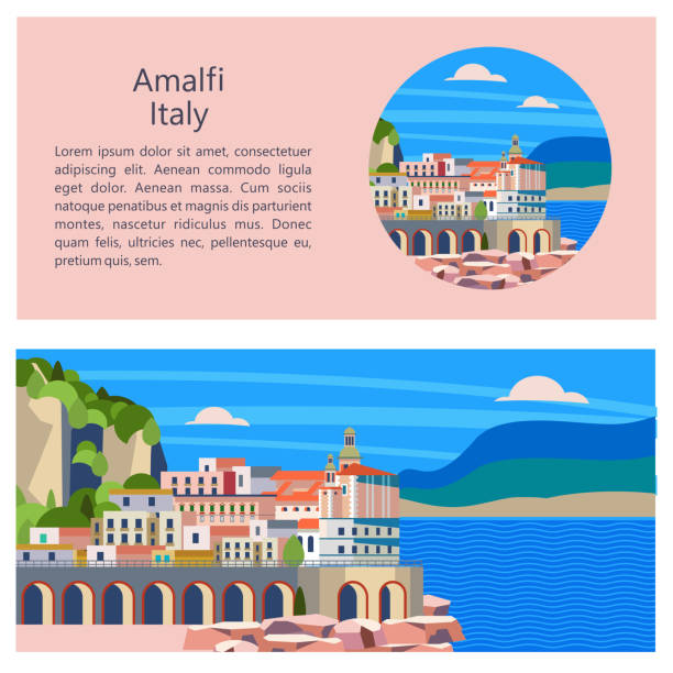 ilustrações, clipart, desenhos animados e ícones de amalfi. cidade litorânea na itália. ilustração em vetor. - italy panoramic town square skyline