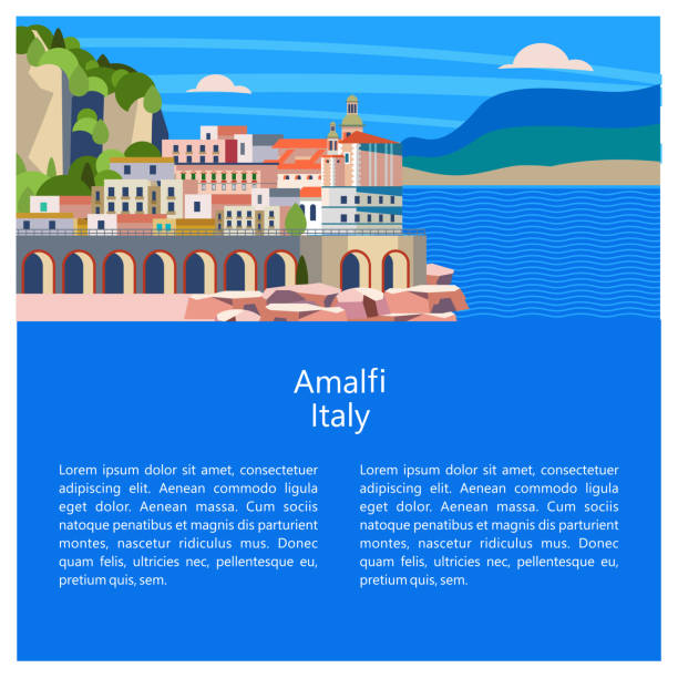 ilustrações, clipart, desenhos animados e ícones de amalfi. cidade litorânea na itália. ilustração em vetor. - italy panoramic town square skyline