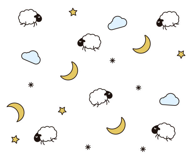 ilustraciones, imágenes clip art, dibujos animados e iconos de stock de linda noche fondo para los niños antes de dormir dormir. ilustración de fondo de vector con nubes, lunas, estrellas, ovejas o corderos - sheeps through time