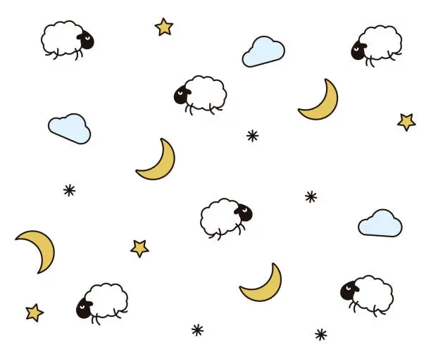 Vector illustration of Cute night seamless pattern background for kids bedtime sleeping. Vector wallpaper illustration with clouds, moons, stars, sheeps or lambs