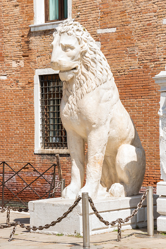 closeup of the Piraeus Lion - ancient Greek lion statue at the Venetian Arsenal, Venice, Italy