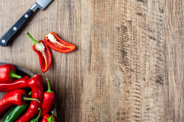 istock Red and green chilli pepper in a dish on wooden table with copy space 996622090