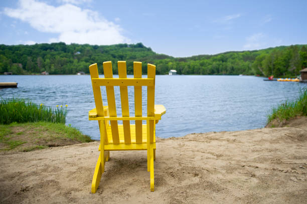 istock Yellow Muskoka chair on a sandy beach 996636110