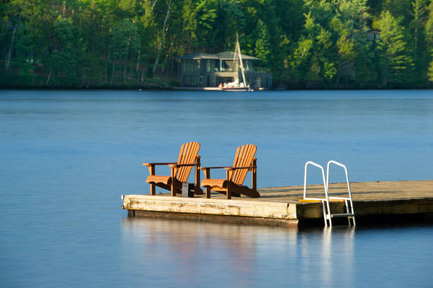 istock Muskoka chairs on a wooden dock facing calm waters 996636458