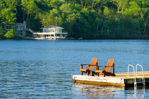 istock Muskoka chairs on a wooden dock facing calm waters 996636500