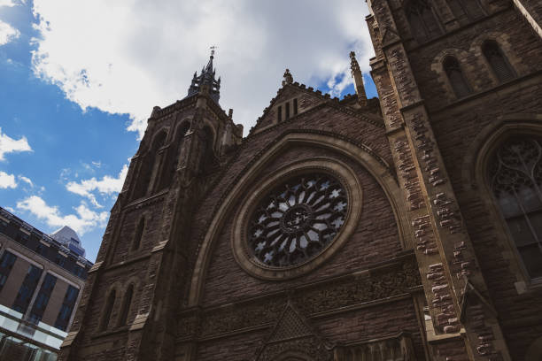 Side angle of a catholic church framed against a clear sky.