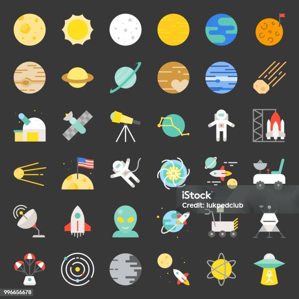 Solar System Space And Astronaut Icons Flat Design Stock Illustration - Download Image Now