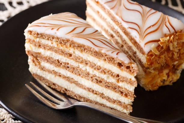 istock Beautiful Hungarian Esterhazy cake on a plate macro. horizontal 996669312