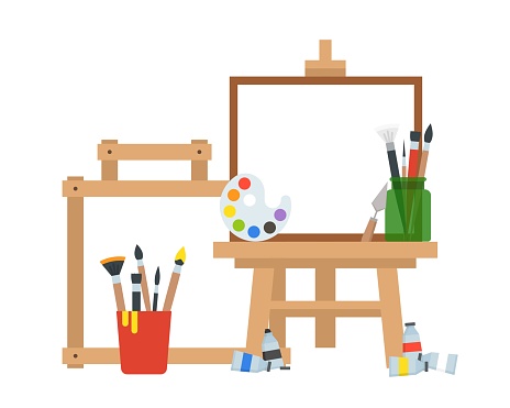 Art Equipment Painting Board Color Tube Palette And Bucket Of Brushes Stock  Illustration - Download Image Now - iStock