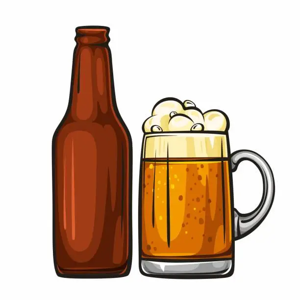 Vector illustration of Beer mug and glass bottle filled with beer. Drinks 1.1