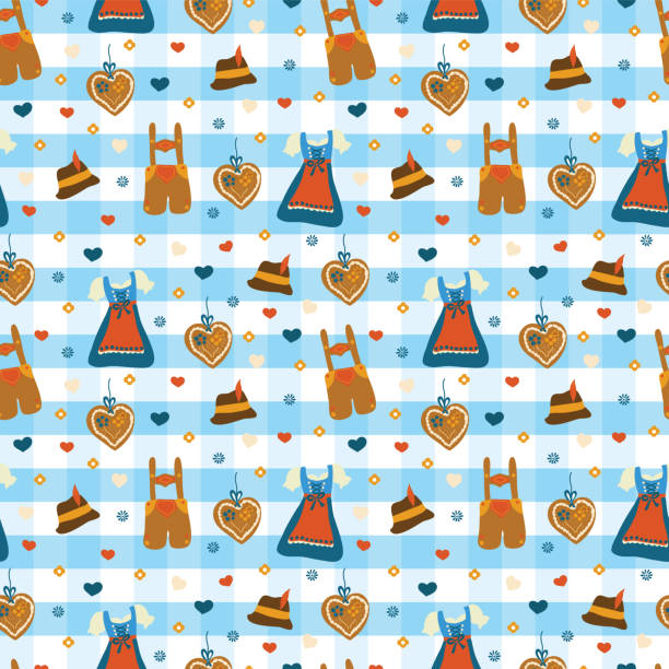 illustrations, cliparts, dessins animés et icônes de robe dirndl et modèle vectorielle continue lederhosen oktoberfest. lebkuchenherz, fleurs, cœurs, chapeau de l’oktoberfest. fond de damier bleu et blanc. costumes de l’oktoberfest bavarois. - lebkuchenherz oktoberfest heart shape gingerbread cookie