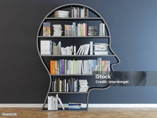Head With A Bookshelf In Front Of Black Wall Stock Photo - Download Image Now - Expertise, Wisdom, Book