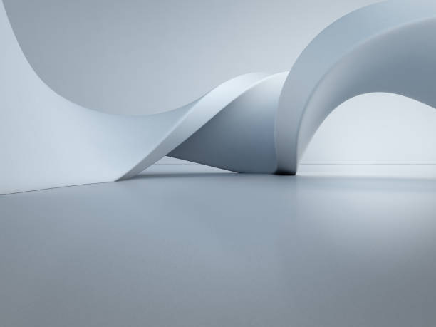 Geometric shapes structure on empty concrete floor with white wall background in hall or modern showroom, Construction technology for future architecture - Abstract interior design 3d illustration