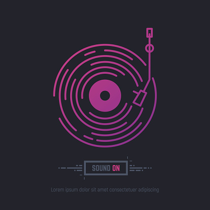 Emblem of vinyl record in purpule and pink neon gradient colors. DJ or retro party with vinyl music. Music label logo. Trendy gradient line style vector illustration.