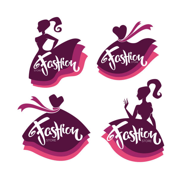 vektor-sammlung von mode-boutique und logo, aufkleber, embleme mit dame silhouetten, hellen kleidern und schriftzug zusammensetzung zu speichern - model home house balloon sign stock-grafiken, -clipart, -cartoons und -symbole