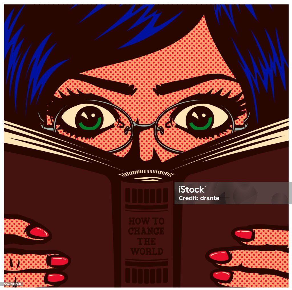 Pop art comic book nerdy bookworm female student girl studying and reading book vector illustration Pop art comic book style bookworm nerdy female student girl wearing glasses studying and reading book manual vector illustration Reading stock vector