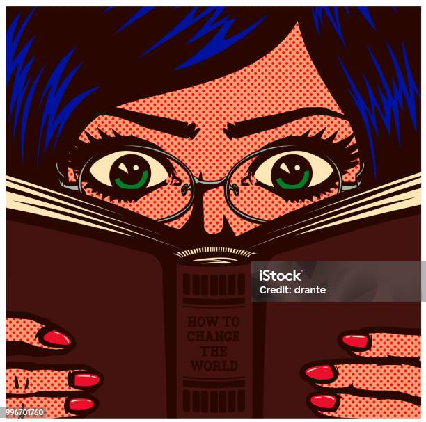 Pop Art Comic Book Nerdy Bookworm Female Student Girl Studying And Reading Book Vector Illustration Stock Illustration - Download Image Now