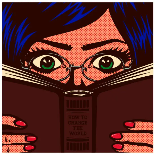 Vector illustration of Pop art comic book nerdy bookworm female student girl studying and reading book vector illustration