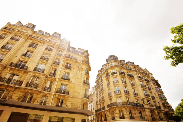 Exterior of a traditional Parisian Haussmann-style buildings which houses the city council hall on a sunny summer day. Paris - France city square.