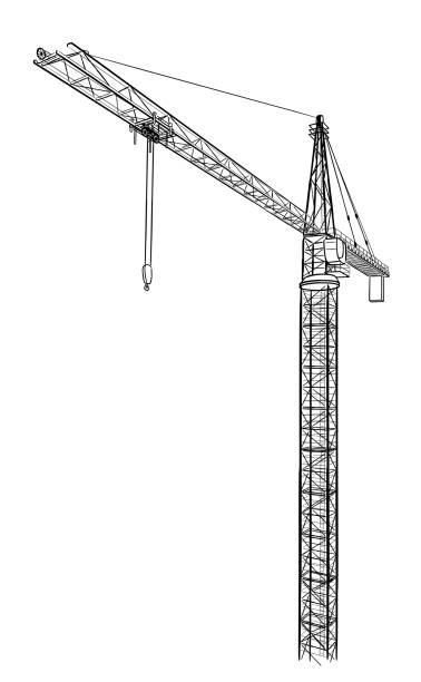 Tower construction crane. Vector line art on white Tower construction crane. Detailed vector illustration isolated on white background. crane stock illustrations