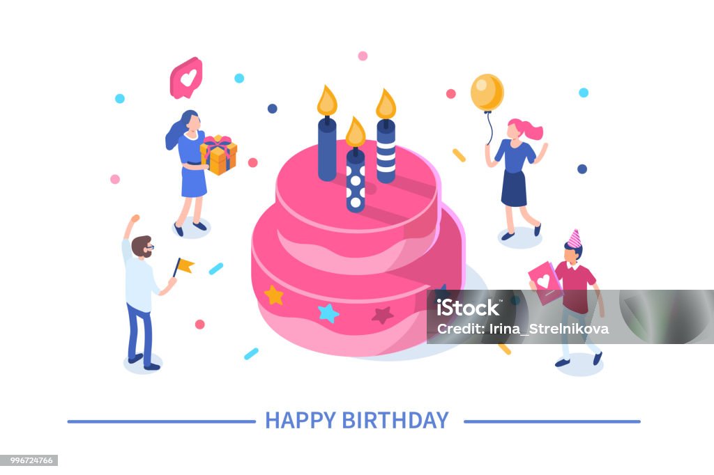 happy birthday Happy birthday concept with characters. Can use for web banner, infographics, hero images. Flat isometric vector illustration isolated on white background. Birthday stock vector