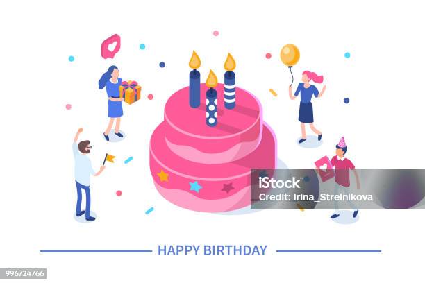 Happy Birthday Stock Illustration - Download Image Now - Birthday, Isometric Projection, Birthday Cake