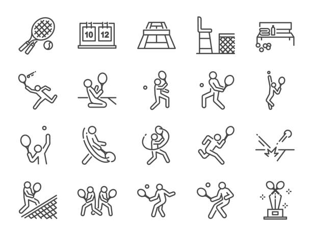 ilustrações de stock, clip art, desenhos animados e ícones de tennis icon set. included icons as doubles tennis, tennis player, match, serve, forehand, backhand and more. - ténis desporto com raqueta