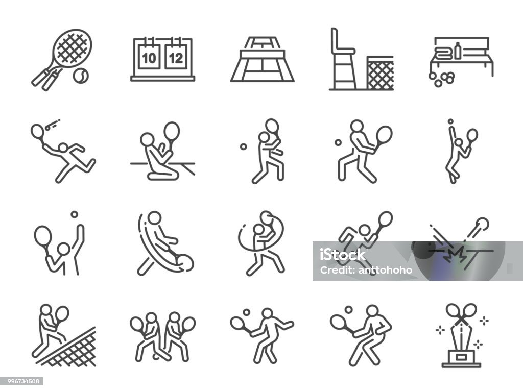 Tennis icon set. Included icons as doubles tennis, tennis player, match, serve, forehand, backhand and more. Tennis stock vector