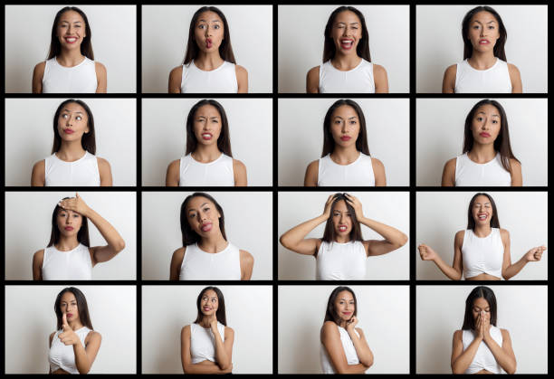 16 の異なる表情を作る若い女性 - facial expression women sadness multiple image ストックフォトと画像