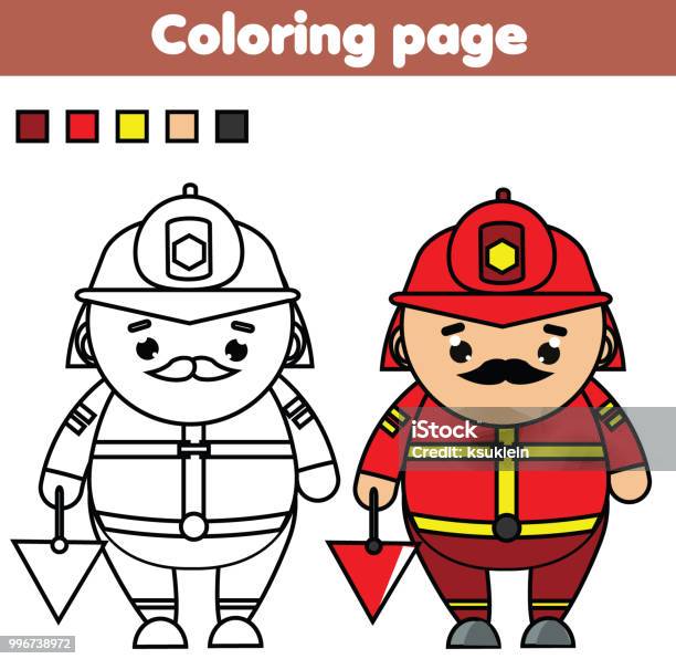 Fireman Coloring Page Educational Game Printable Activity For Toddlers And Kids Stock Illustration - Download Image Now