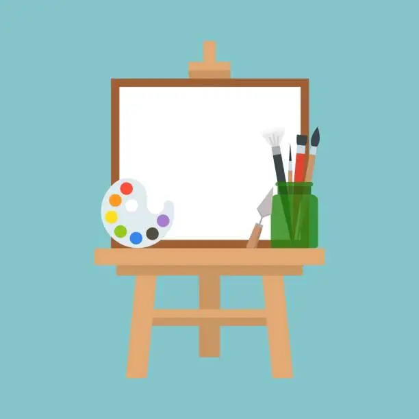 Vector illustration of Art equipment set, canvas board, paint palette and bottle with paint brushes