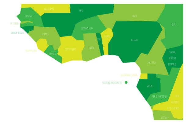 ilustrações de stock, clip art, desenhos animados e ícones de countries of guinea gulf - western africa. simplified and schematic political map. vector illustration in shades of green - equatorial guinea