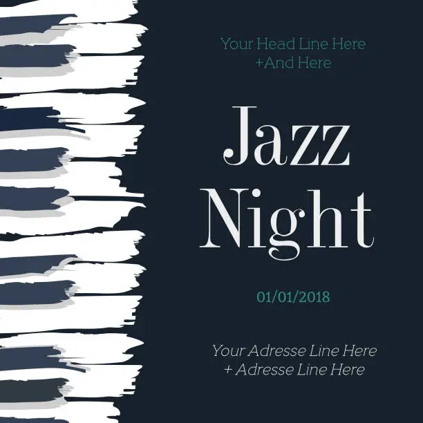 Vector illustration of jazz night dark blue and white poster design with brush stroke style piano keys