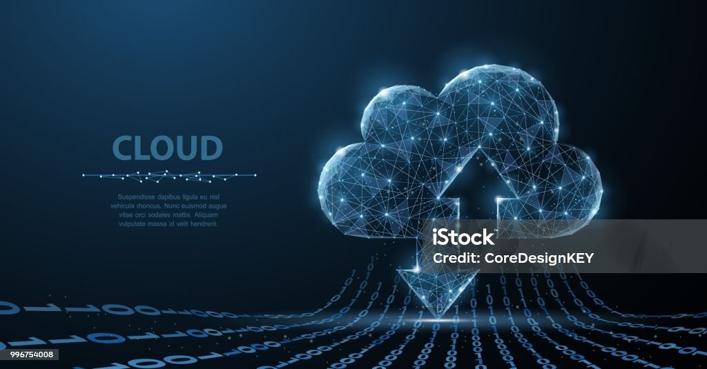 Teknologi cloud. Seni wireframe poligonal terlihat seperti rasi bintang. Ilustrasi konsep atau latar belakang - Bebas Royalti Komputasi awan vektor stok