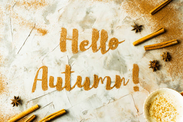 istock Hello, Autumn. The phrase is written on a gray table with ground cinnamon among cinnamon sticks and badyan. Top view, flat lay 996757254