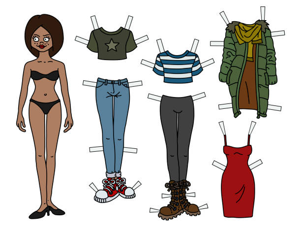 The paper doll The brunette paper doll with cutout clothes olive green shirt stock illustrations