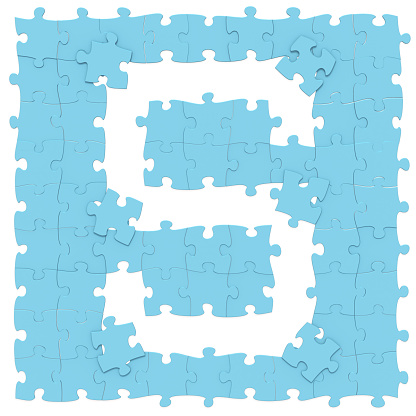Jigsaw puzzles blue color assembled like capital letter S on white background, puzzle letters may be seamless connected along borders, 3D rendered font image for education, art and childish typography
