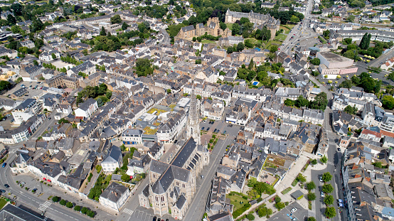 Aerial view of Chateaubriant city center and church in Loire Atlantique