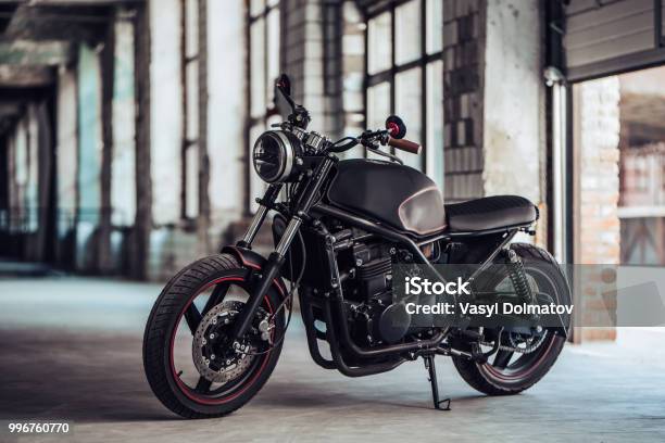 Modern Black Motorcycle Stock Photo - Download Image Now - Motorcycle, Retro Style, Old-fashioned
