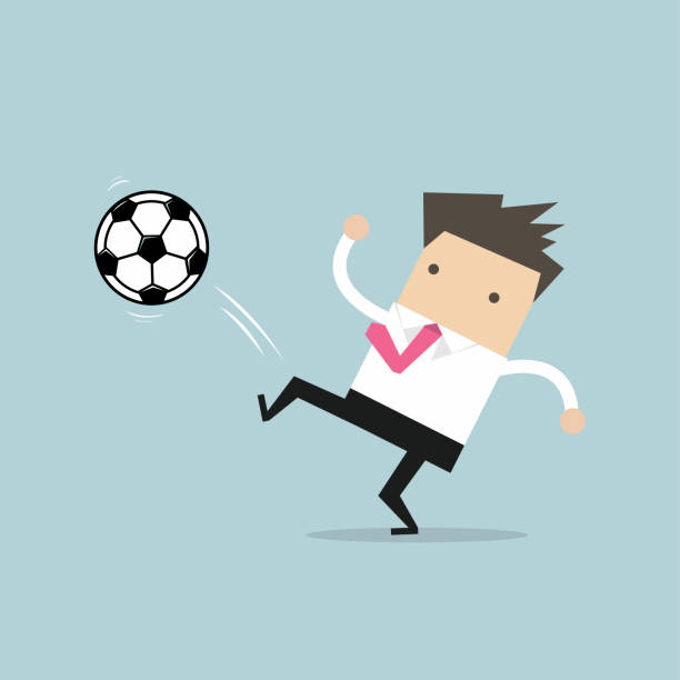 ilustrações, clipart, desenhos animados e ícones de empresário, chutando a bola. jogador de futebol. - office business soccer exercising