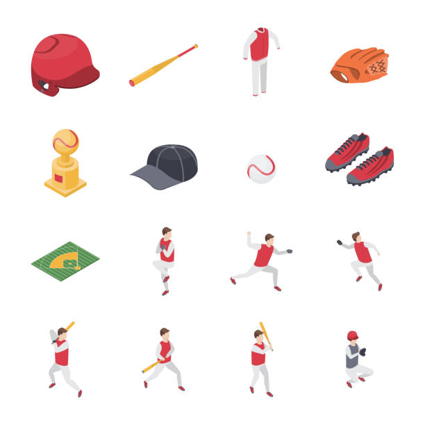 illustrazioni stock, clip art, cartoni animati e icone di tendenza di baseball game sport signs 3d icons imposta vista isometrica. vettore - baseball practicing pitcher softball