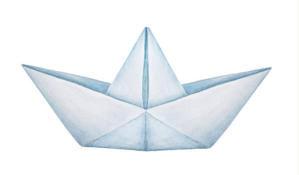 акварельной иллюстрацией классической сложенной бумажной лодки. - sea water single object sailboat stock illustrations
