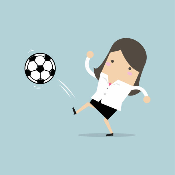 ilustrações, clipart, desenhos animados e ícones de empresária, chutando a bola. jogador de futebol. - office business soccer exercising