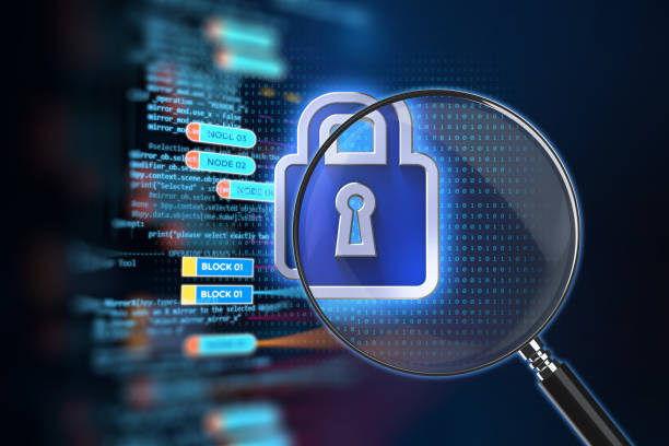 istock Magnifying glass on Closed Padlock 3d illustration 996765440