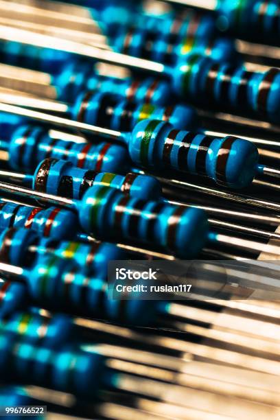 Many New Resistors Stay Together In Closeups Stock Photo - Download Image Now - Blue, Brown, Coal